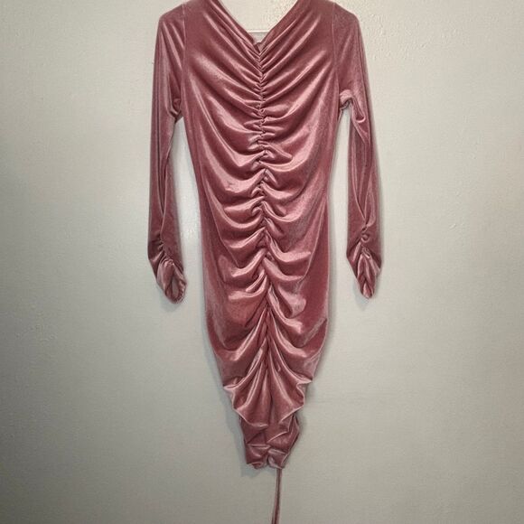 Pink Velvet Ruched Bodycon Prom Cocktail Formal Women's Dress Long Sleeve Sexy - Picture 5 of 7